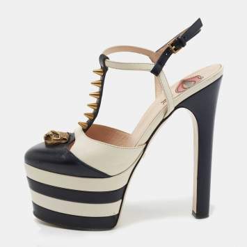 Pre Owned Gucci Navy Blue/White Leather Angel Feline Head Accent T-Strap Platform Pumps Size 37
