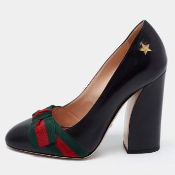 Pre Owned Gucci Black Leather Web Bow Block Heel Pumps Size 36.5
