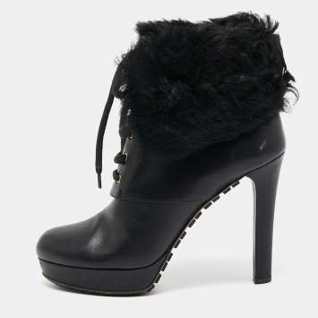 Pre Owned Gucci Black Leather and Fur Lace Up Platform Ankle Boots Size 38.5