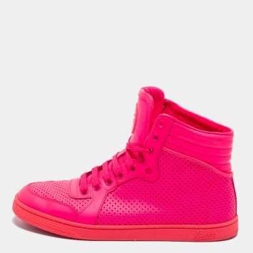Pre Owned Gucci Pink Perforated Leather Coda High Top Sneakers Size 37