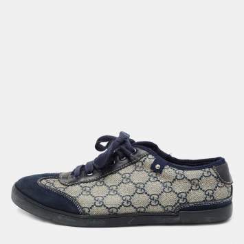 Pre Owned Gucci Navy Blue/Beige GG Supreme Canvas and Suede Low Top Sneakers Size 41