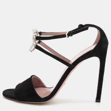 Pre Owned Gucci Black Suede Crystal Embellished GG Interlock Ankle Strap Sandals Size 38.5