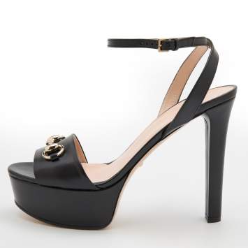 Pre Owned Gucci Black Leather Horsebit Platform Ankle Strap Sandals Size 40