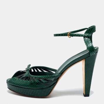 Pre Owned Gucci Green Python Leather Ankle Strap Platform Sandals Size 40