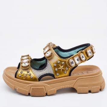 Pre Owned Gucci Gold Leather and Mesh Crystal Aguru Chunky Ankle Strap Sandals Size 37