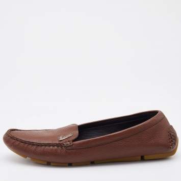 Pre Owned Gucci Dark Brown Leather Slip On Loafers Size 39