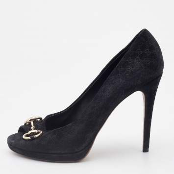Pre Owned Gucci Black Microguccissima Suede Horsebit Peep Toe Pumps Size 39