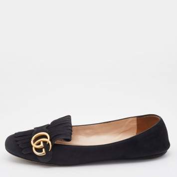 Pre Owned Gucci Black Suede GG Marmont Fringe Detail Ballet Flats Size 39.5