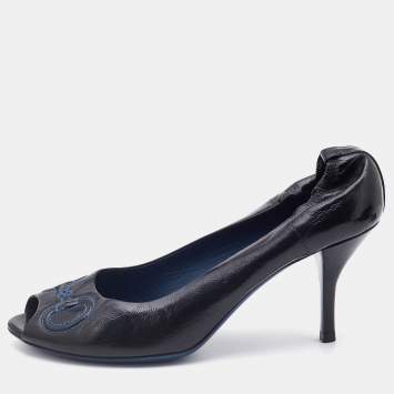 Pre Owned Gucci Black Leather Horsebit Embroidered Peep Toe Pumps Size 39