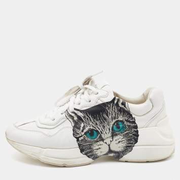 Pre Owned Gucci White Leather Mystic Cat Rhyton Low Top Sneakers Size 37