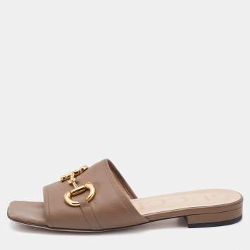 Pre Owned Gucci Light Brown Leather Horsebit Flat Slides Size 38.5