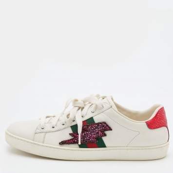 Pre Owned Gucci White Leather Ace Web Detail Lighting Bolt Embroidered Low Top Sneakers Size 40