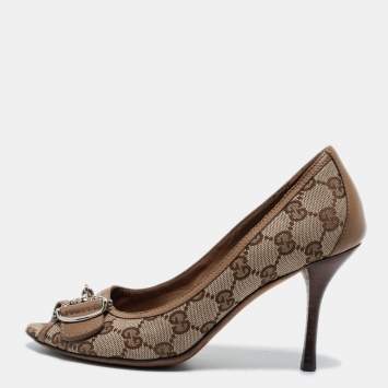 Pre Owned Gucci Brown/Beige GG Canvas and Leather Horsebit Peep Toe Pumps Size 37.5