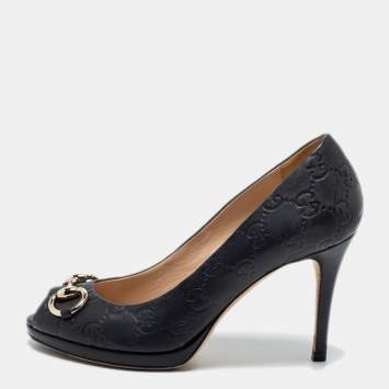 Pre Owned Gucci Black Guccissima Leather Horsebit Peep Toe Pumps Size 36.5