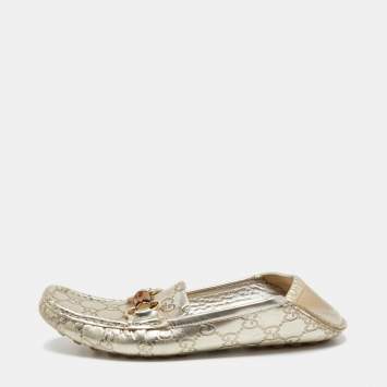 Pre Owned Gucci Metallic Guccissima Leather Bamboo Horsebit Slip On Loafers Size 37
