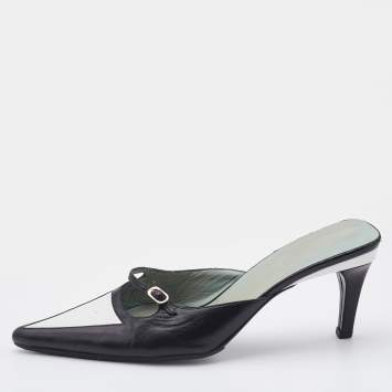 Pre Owned Gucci Black/White Leather Pointed Toe Mules Size 38.5