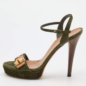 Pre Owned Gucci Green Suede Bamboo Ankle Strap Sandals Size 38.5