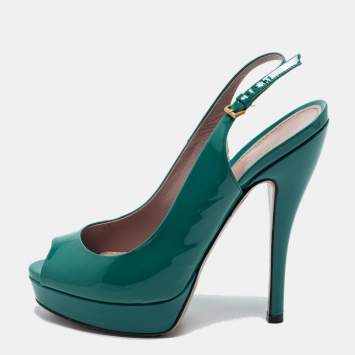 Pre Owned Gucci Green Patent Leather Peep Toe Slingback Sandals Size 36