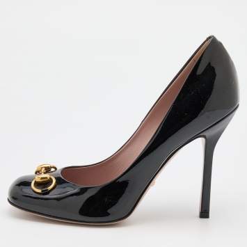 Pre Owned Gucci Black Patent Leather Jolene Horsebit Pumps Size 38