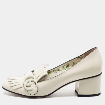 Pre Owned Gucci Cream Patent Leather Double G Fringes Mid Heel Pumps Size 37.5