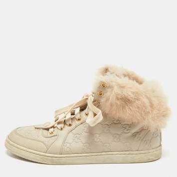 Pre Owned Gucci Cream Guccissima Leather and Fur High Top Sneakers Size 38