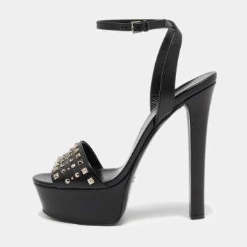 Pre Owned Gucci Black Studded Leather Leila Ankle Strap Sandals Size 40