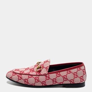Pre Owned Gucci Red GG Canvas And Leather Horsebit Slip On Loafers Size 37