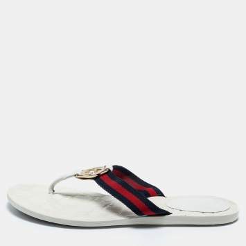 Pre Owned Gucci White Leather GG Web Thong Flats Size 37.5