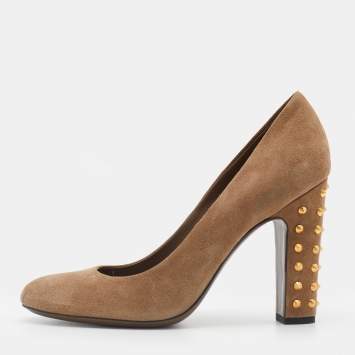 مملوكة مسبقًا Gucci Brown Suede Studded Block Heel Pumps Size 38.5