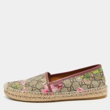 Pre Owned Gucci Brown/Beige Floral Print GG Supreme Canvas Espadrille Flats Size 38