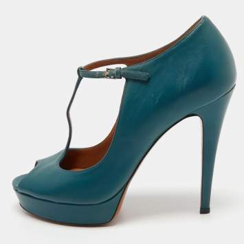 Pre Owned Gucci Teal Leather Betty T-Strap Platform Pumps Size 38