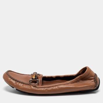 Pre Owned Gucci Brown Leather Bamboo Horsebit Slip on Loafers Size 39.5