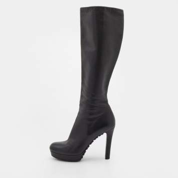 Pre Owned Gucci Black Leather Knee Length Boots Size 38