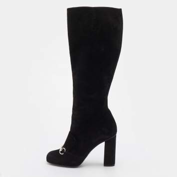 Pre Owned Gucci Black Suede Horsebit Knee Length Boots Size 38