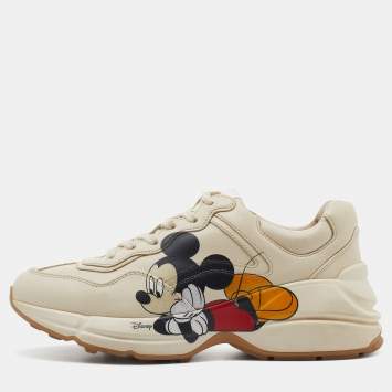 Pre Owned Gucci Off White Leather Rhyton Mickey Mouse Sneakers Size 36.5