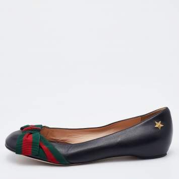 مملوكة مسبقًا Gucci Black Leather Web Bow Ballet Flats Size 37.5