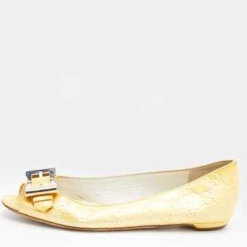 Pre Owned Gucci Yellow Guccissima Patent Leather Buckle Ballet Flats Size 36 