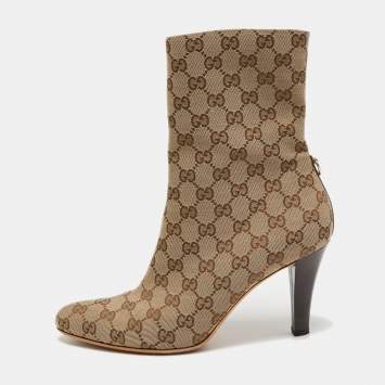 Pre Owned Gucci Brown/Beige GG Canvas Mid Calf Boots Size 40.5