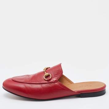 Pre Owned Gucci Red Leather Princetown Horsebit Flat Mules Size 39.5