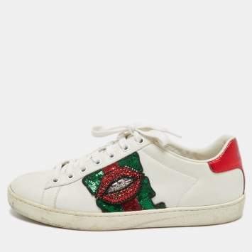 Pre Owned Gucci White Leather Embellished Lip Ace Sneakers Size 37