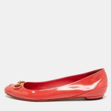 Pre Owned Gucci Orange Patent Leather Horsebit Ballet Flats Size 39