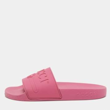 Pre Owned Gucci Pink Logo Embossed Rubber Slides Size 35