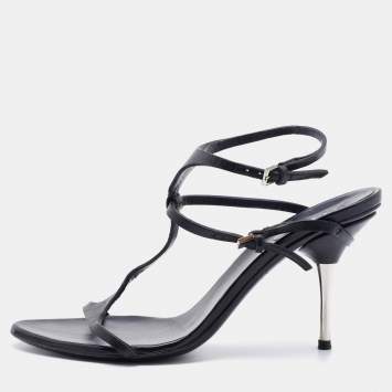 Pre Owned Gucci Black Leather Strappy Sandals Size 37.5
