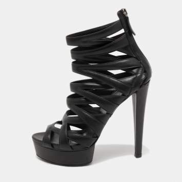 Pre Owned Gucci Black Leather Lifford Platform Sandals Size 38.5    