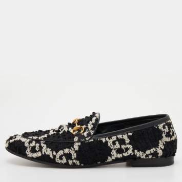 Pre Owned Gucci Black/White Tweed Jordaan Horsebit Loafers Size 38