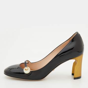 Pre Owned Gucci Black Patent Leather Vernice Pearl Arielle Mary Jane Pumps Size 36.5