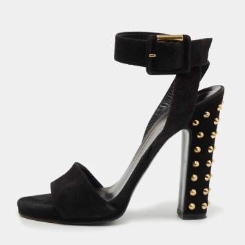 Pre Owned Gucci Black Suede Studded Ankle Wrap Sandals Size 37