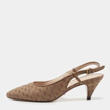 Pre Owned Gucci Brown GG Canvas Slingback Pumps Size 37.5