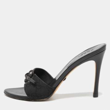 Pre Owned Gucci Black Monogram Canvas  Slide Sandals Size 35