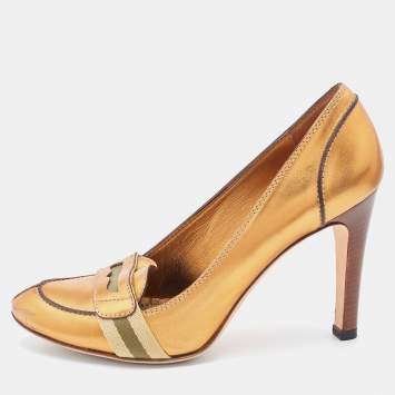Pre Owned Gucci Metallic Gold Leather Lifford Penny Loafer Pumps Size 37.5